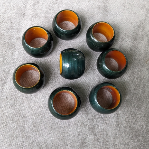 Vintage Wooden Lacquered Napkin Rings Set 8 Evergreen Striped Made In India EUC - Picture 8 of 11